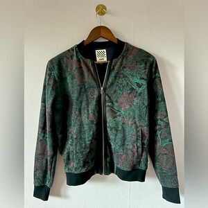 VANS green floral zip up bomber jacket black trim womens